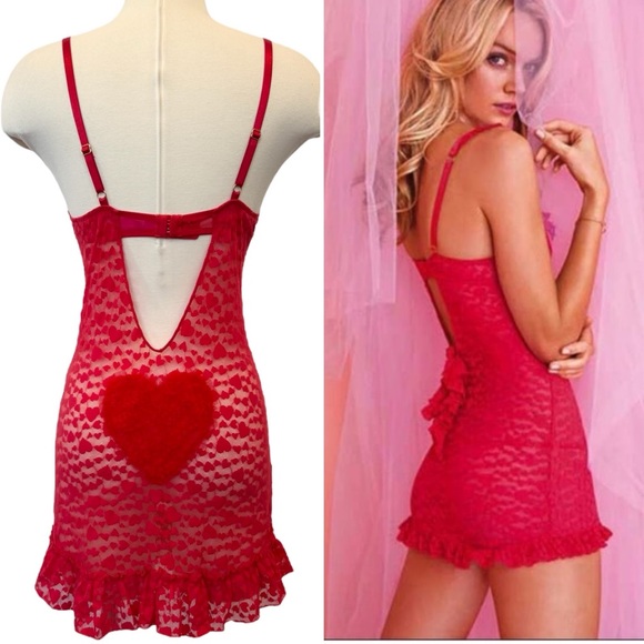 Victoria’s Secret Red Stretch Heart Lace Ruffle Babydoll Tulle Slip Dress L - Picture 1 of 10